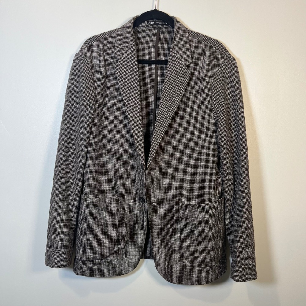 ZARA Mens Relaxed Fit Micro-Check Blazer Jacket Brown Professional L